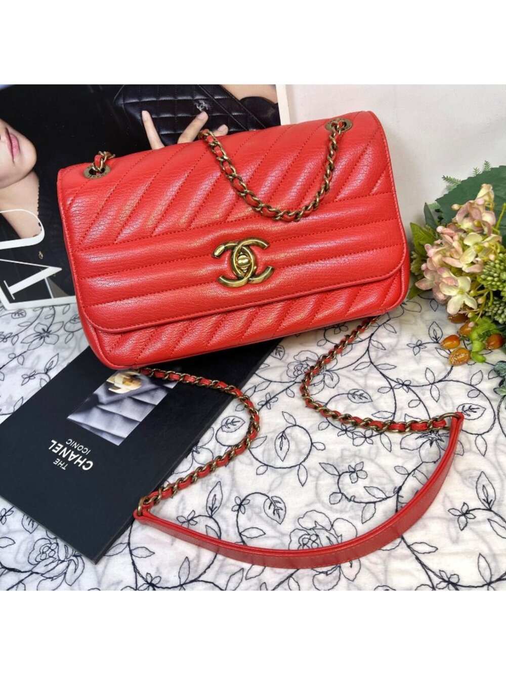 Chanel Mademoiselle Shoulder Bag Red Gold